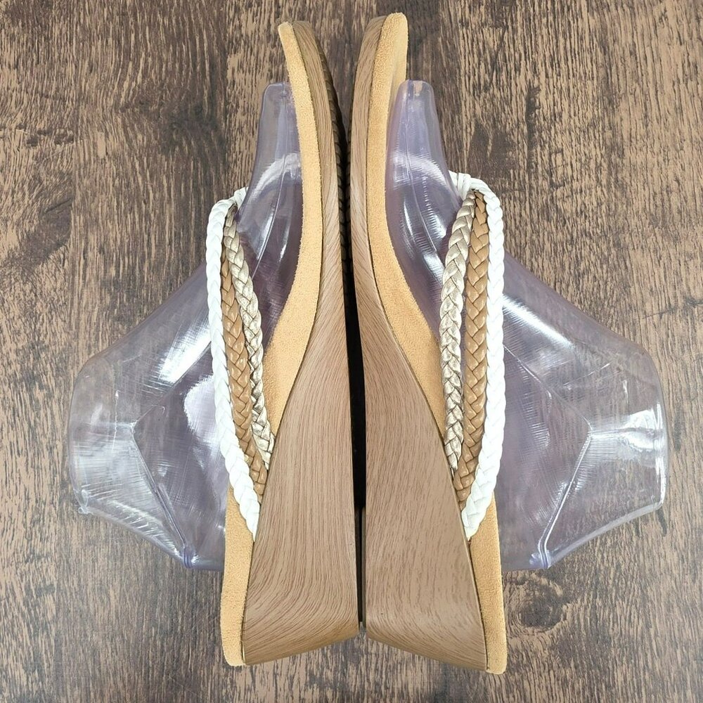 Vionic Ramba Wedge Heels 11 White Tan Metallic Gold Braided Thong Straps Beachy - Picture 9 of 13